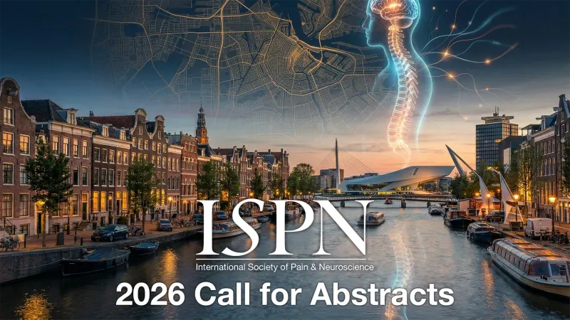 ISPN 2026 Call for Abstracts artwork: an Amsterdam canal at dusk beneath a neural spine illustration