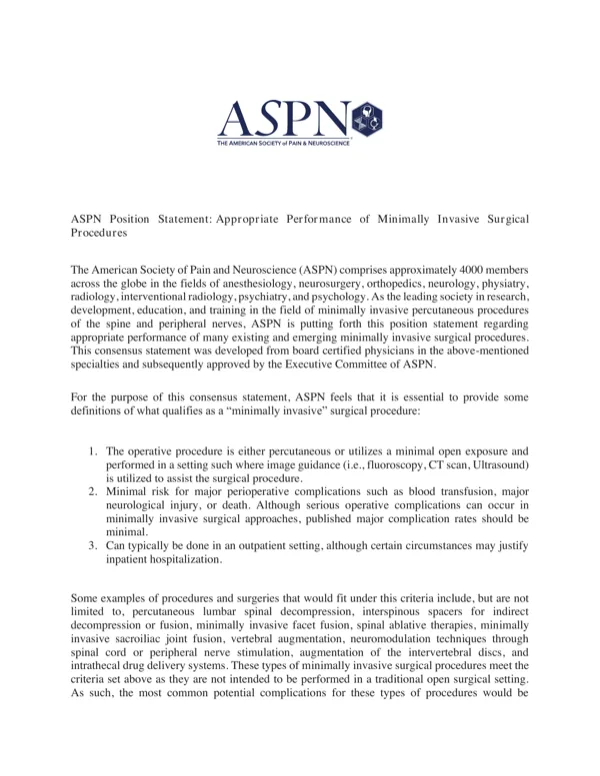 First page of ASPN Position Statement: Appropriate Performance of Minimally Invasive Surgical Procedures