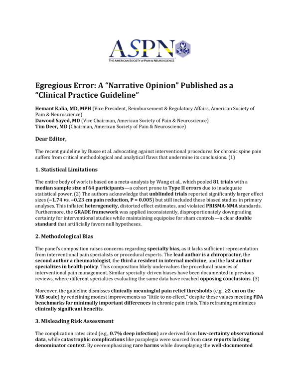 Document cover: ASPN Response to BMJ's Clinical Practice Guideline on Chronic Spine Pain