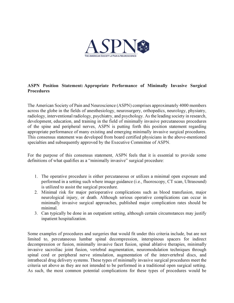 Document cover: ASPN Position Statement: Appropriate Performance of Minimally Invasive Surgical Procedures