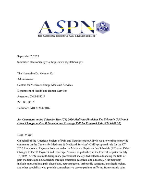 Document cover: ASPN responds to CMS proposed rule for Physician Fee Schedule (PFS) 2026