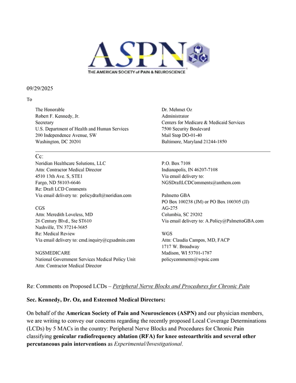 Document cover: ASPN challenges restrictive Medicare coverage determinations for peripheral nerve procedures