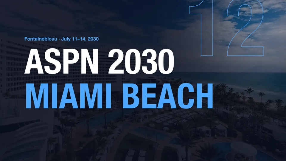 ASPN 2030 Miami Beach save-the-date artwork — Fontainebleau, July 11–14, 2030, the 12th Annual Meeting