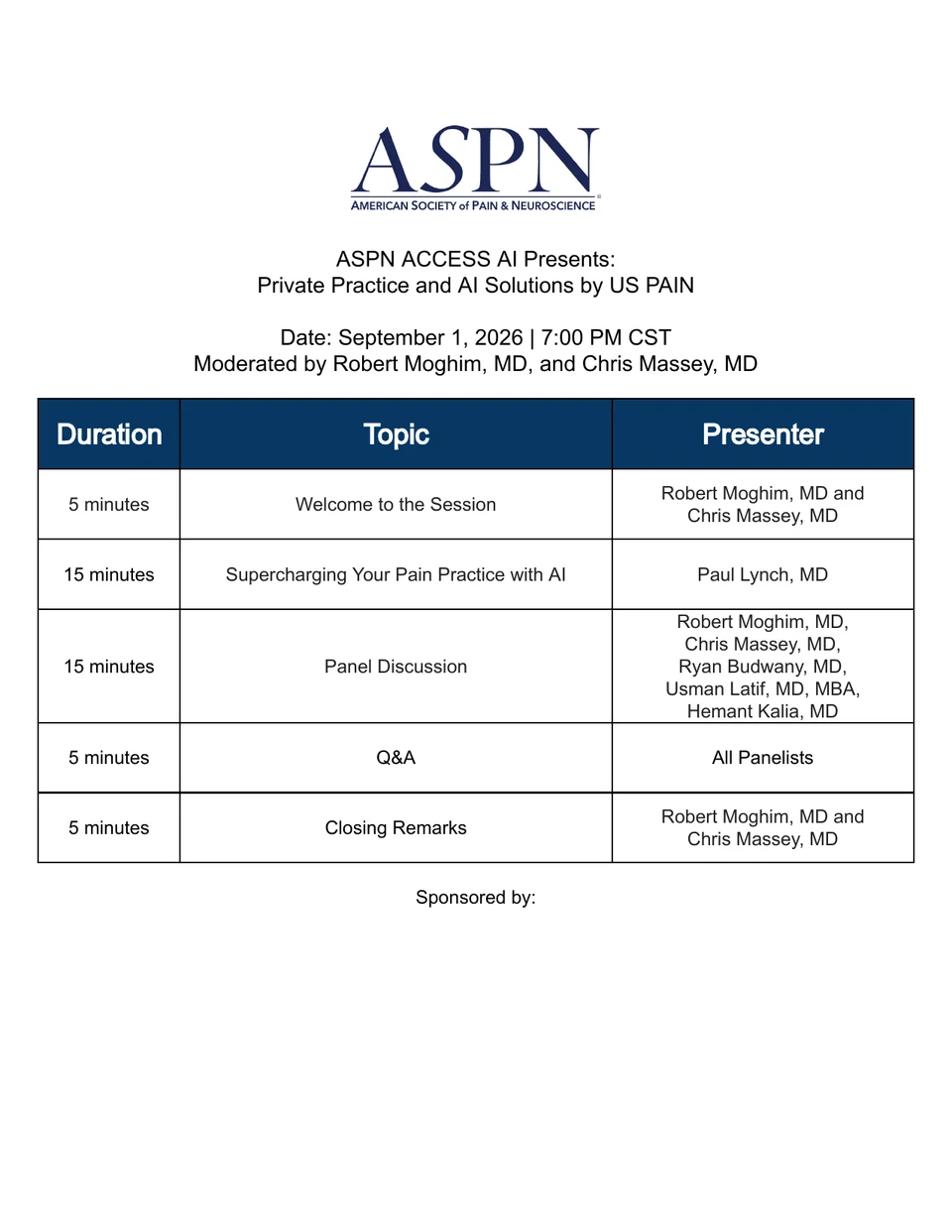 ACCESS AI webinar agenda — Private Practice and AI Solutions by US PAIN, September 1, 2026