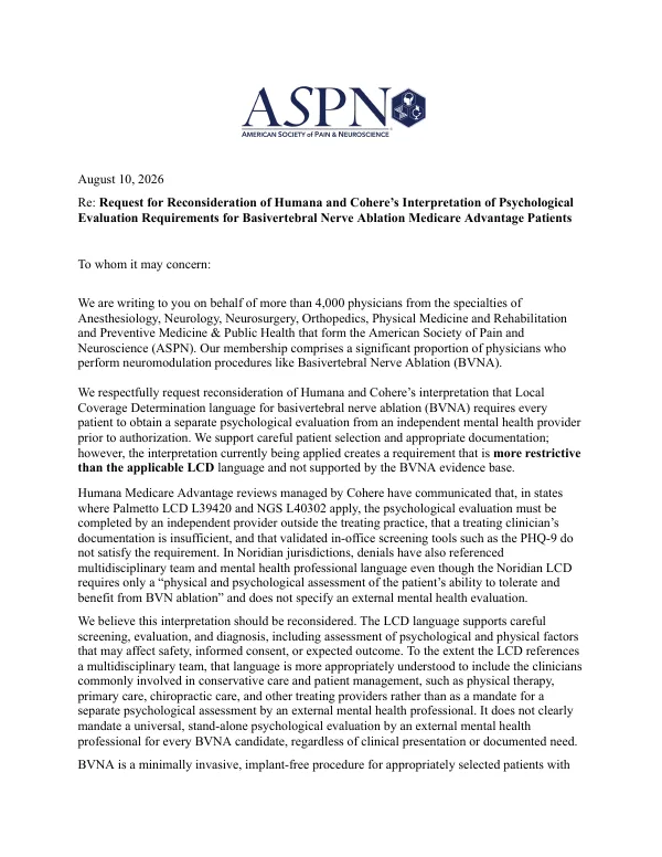 Document cover: ASPN requests reconsideration of Humana and Cohere's psychological evaluation requirement for basivertebral nerve ablation