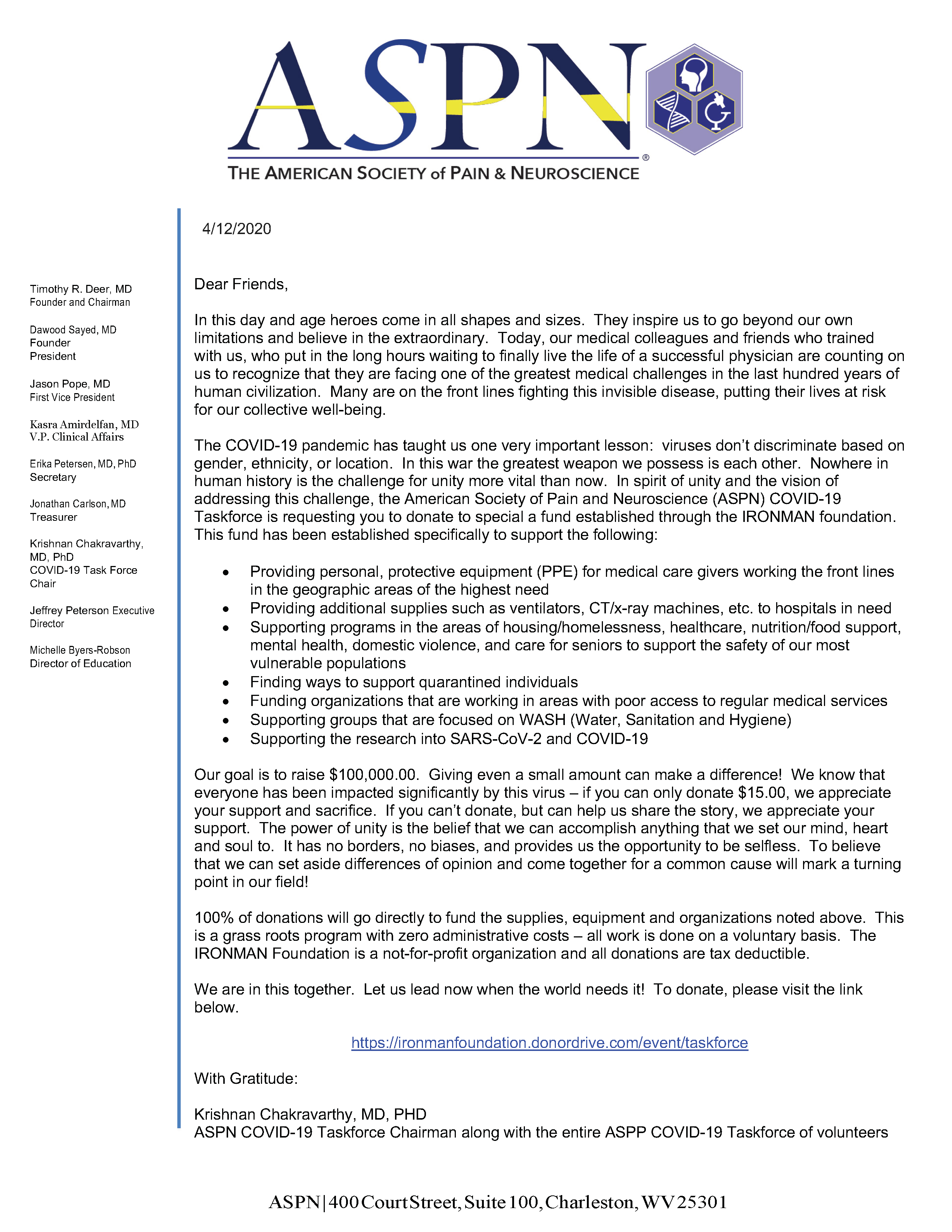 ASPN COVID-19 Taskforce Donation Letter